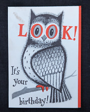 VINTAGE EARLY 1960s ZOOMORPHIC OWL AMBASSADOR HAPPY BIRTHDAY CARD L@@K B/W RED picture