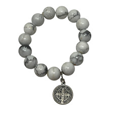 Vintage Saint Benedict Medal Religious Bracelet Silver Tone White Howlite Beads picture