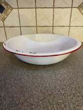 Vintage Enamelware With Red Trim Basin Farm House Round Wash Bowl 13.5” picture