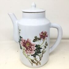 Vtg Chinese Cultural Revolution Large Porcelain Teapot Floral White 12” H Large picture