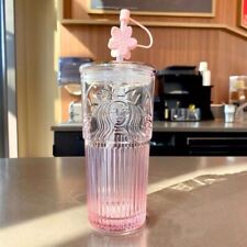Starbucks Glass Cup Pink Gradient Sakura Tumbler  Cherry Blossom Topper New picture