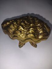 Antiq VTG Solid Brass Hinges Green Velvet Lined Clam Shell Jewelry Box 5 Footed picture