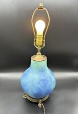 Antique Van Briggle Pottery Lamp Ming Blue Flowers Brass Asian Fish Feet Floral picture
