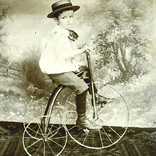 RARE Victorian Boy Wood Wheel Tricycle Glass Plate Negative 1898 Child Portrait picture