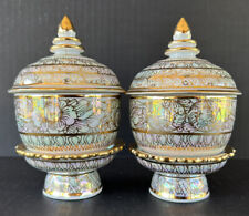 Thai Benjarong Porcelain 2 Small Jars With Stand Pattaya Handpainted 18k Gold picture