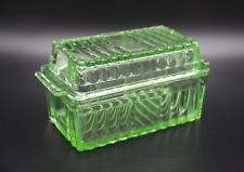 1930s Vintage Art Deco Green Despression Glass Covered Rectangular Butter Dish picture
