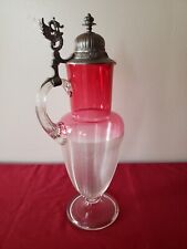 Victorian Cranberry Glass - Pewter Dragon Handle Lid  - 1898 picture