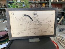 Antique Old Handmade Miniature Pencil Sketch Of Mughal King Rider Wooden Framed picture