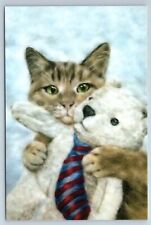 CAT with TEDDY BEAR TOY Friends Art Russian Modern postcard picture