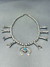 DROPDEAD FAB VINTAGE NAVAJO TURQUOISE STERLING SILVER SQUASH BLOSSOM NECKLACE picture