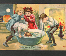 Halloween Pastimes 6506 Apple Bobbing Kids Black Cat JOL SCARCE Antique PostCard picture