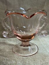 Vtg Fenton Glass Pink Double Dolphin Handle Ruffle Rim Footed Compote Candy Dish picture