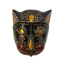 Balinese Black Cat Tattoo Feline Mask Black Kitty Bali Wall Art hand carved wood picture