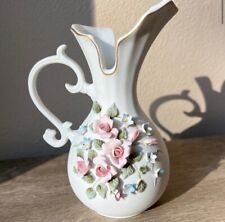 Vtg Lefton Porcelain Bisque Pitcher #839 Applied Roses Forget Me Nots 1950s ** picture