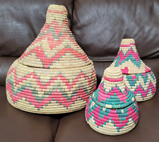 Vintage Saudi Arabian Bedouin Lidded Gourd Shaped Tribal Nesting BASKET Set of 3 picture