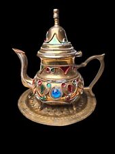 Vintage Moroccan Teapot~Copper/Brass ? W/Tray~Middle Eastern Carved, Handpainted picture