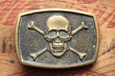 Vintage BTS Solid Brass Cast Skull Bones Crossbones Bikers Belt Buckle picture