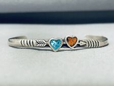 ADORABLE VINTAGE NAVAJO TURQUOISE CORAL STERLING SILVER HEART BRACELET picture