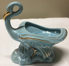 Vtg MCM Powder Blue Regal Swan Bird Pottery Planter/Centerpiece/Gold Accents picture