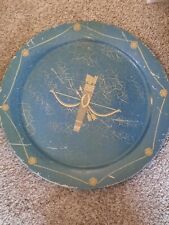 Antique Large green metal tray round Sagittarius tray,  hand painted Distressed  picture