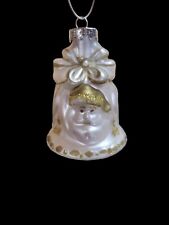 Vintage Blown Glass Ornament White Gold Glitter Bell Santa Face Noel  picture