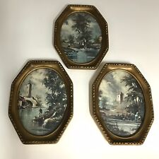 3 Vtg Masters Moody Landscape Prints FAUX Wood Octagon Frames Wall Hanging USA picture
