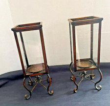(Set of 2)  Antique Victorian Style Metal & Glass Hurricane Candle Holders 15