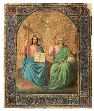 19thC RELIGIOUS ICON TEMPERA TRINITY GOD THE FATHER CHRIST AND THE HOLY SPIRIT picture