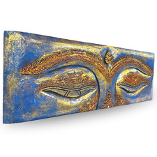 Wise Eyes of Buddha Wall art Panel Sculpture Hand Carved Wood Blue Bali art picture