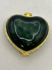 Brass And Enamel Heart Shaped Trinket Box Hinged Lid Dark Green Ornate Trimming picture
