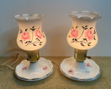 Vintage 50s Handpainted Rose Milk Glass Bedside Table Lamps Cottage Farmhouse picture