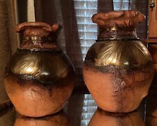 Mid Century Leather Wrapped Pottery Vase Etched Brass Tone Metal Collar Set picture