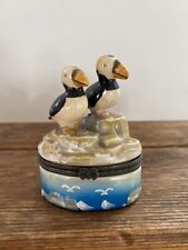 Vintage Puffin Pair Painted Porcelain Hinged Pill Box Trinket Holder Sea Birds picture