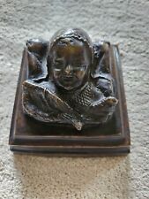 Rare Rodin Style Brass Baby Girl Bust Pillow Bonnet Square Sculpture Heavy 1900 picture