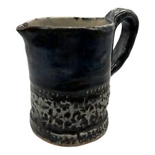 Blue Embossed Glazed Pitcher Art Pottery Etched Signed 6” Tall picture