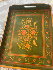 Vintage Rectangle WoodTray Folk Art Style Olive Green w/ Flowers and Birds picture