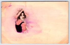 Original Old Vintage Antique Postcard Image Lady Girl Beauty Hat Art Purple picture