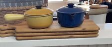 4 Pc Vintage Le CREUSET #14 Blue & Yellow Cast Iron Enamel Sauce Pans w/Lids picture