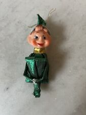 Vintage Christmas Pixie Elf Knee Hugger Doll Shelf Sitter Metallic Green Small picture