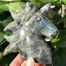520g Natural Labradorite Quartz Hand Carved Unicorn Skull Crystal Healing Decor  picture