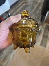 Jeanette Glass Covered Four Footed Amber Bowl Candy Dish Grapes Leaves. S Chip picture