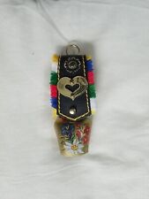 VTG Geneve Switzerland Souvenir Cow Bell on Leather Ribbon Hand Painted Brass picture