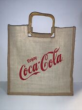 VTG Enjoy Coca-Cola Burlap Jute Beach Bag Handbag w Wood Bamboo Handles Lined picture