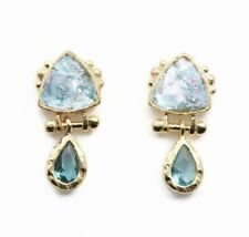 Roman Glass Gold Post Back Earrings Blue Topaz CZ Ancient Round Fragments 200 BC picture
