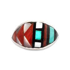 NATIVE JOHN & ROSALIE BOWANNIE ZUNI STERLING CORAL TURQUOISE INLAY RING 9 picture