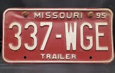 1995 Missouri License Plate Trailer 337 WGE MO Trailer Red License Plate W/ Bolt picture