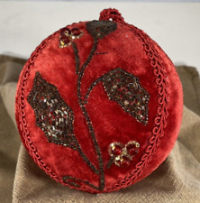 Large Round Beaded Bejeweled Velvet Ornament Christmas  Red Gold Flowers picture