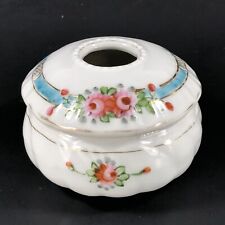 Vintage Japan Porcelain Hair Receiver Vanity Box Pink Floral Aqua Hand Painted picture
