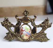 ANTIQUE VICTORIAN Brass Letter Card Holder Hand Painted Cameo Ceramic Cabochon picture