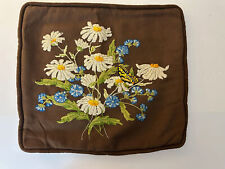 VINTAGE brown cotton wool crewel embroidery floral pillow cover 13 x 14